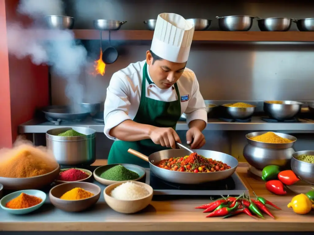 Un cocinero peruano prepara platillos con ají, mostrando pasión y precisión