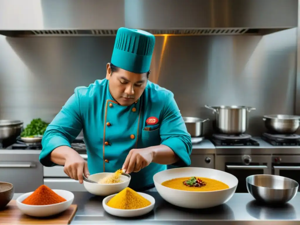 Cocinero peruano preparando plato clásico con uso de hidrocoloides en cocina moderna