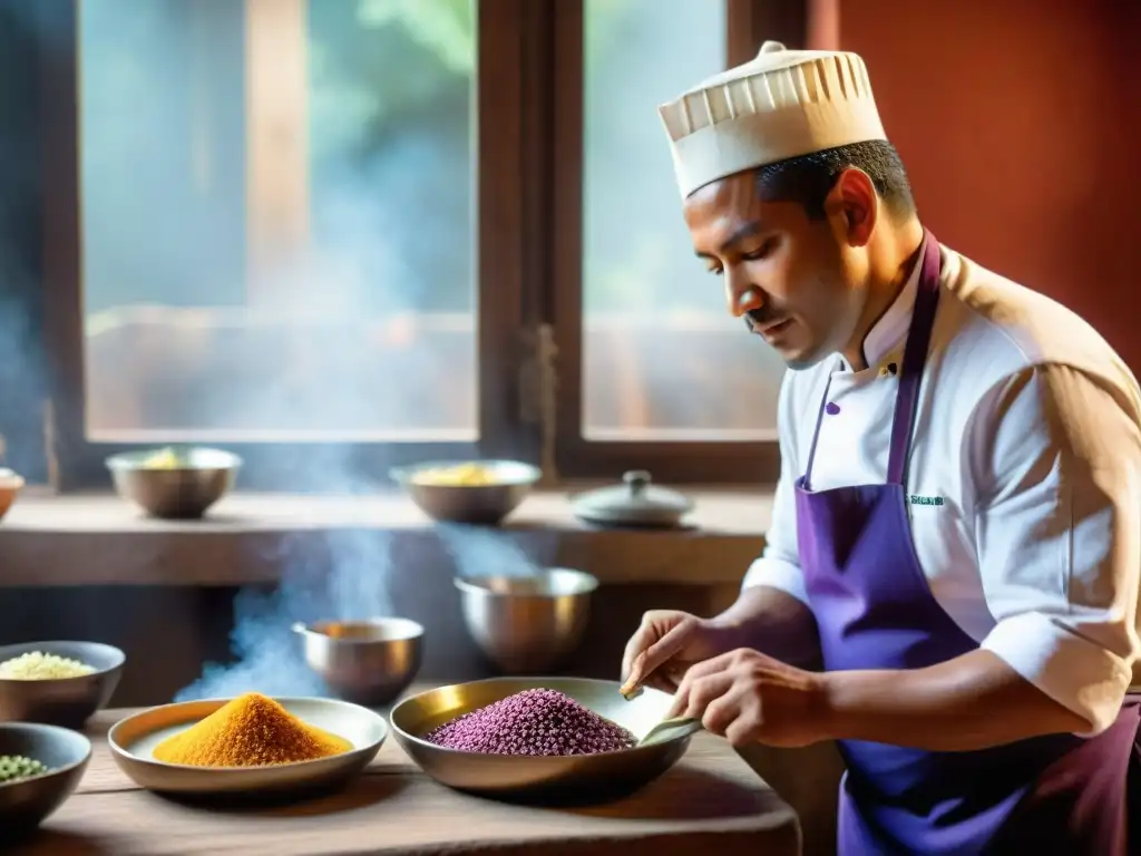 Cocinero peruano preparando plato con influencia ingredientes autóctonos gastronomía peruana