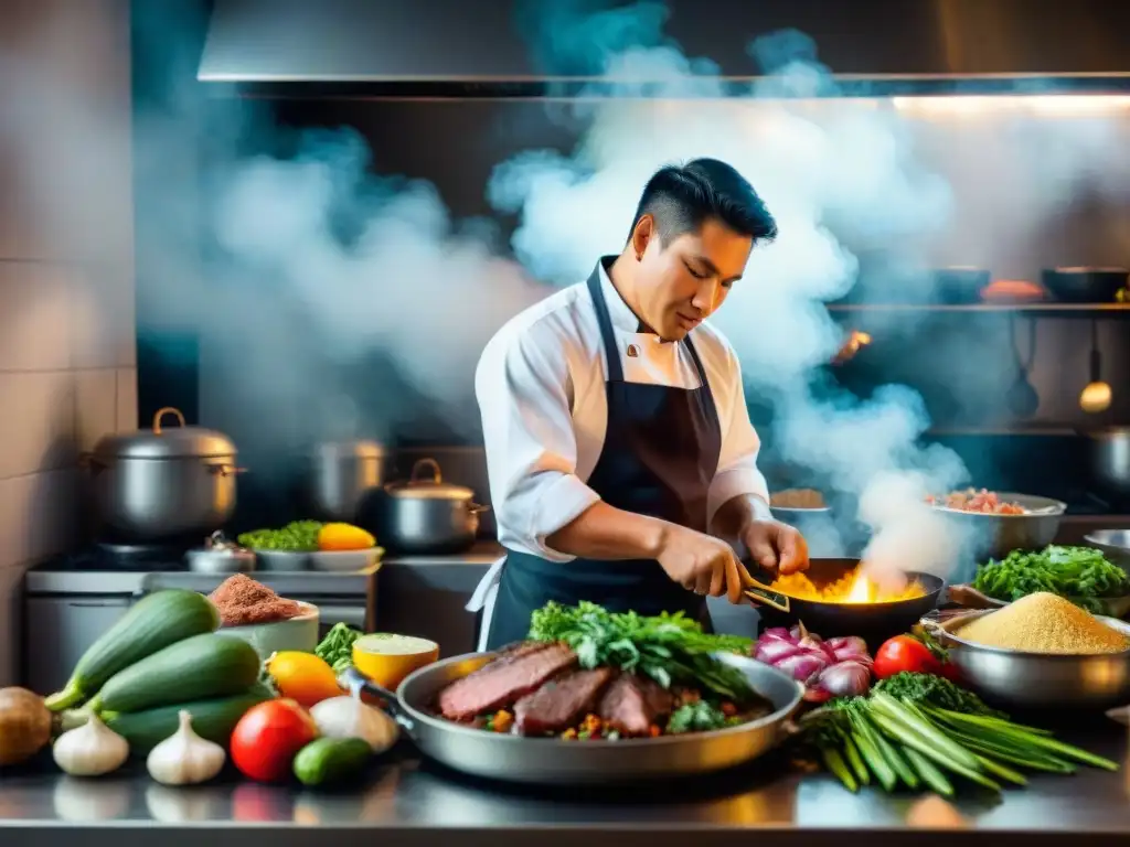 Cocinero peruano preparando un plato nutritivo con cuy autóctono, resaltando los beneficios nutricionales del cuy