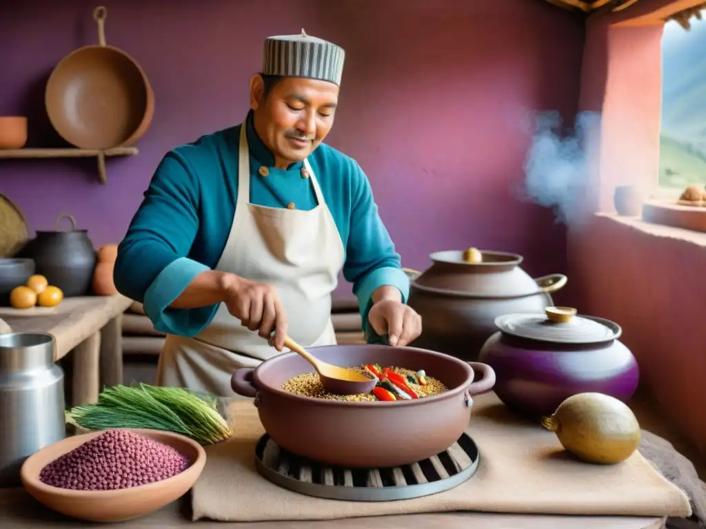 Cocinero peruano preparando plato tradicional con ingredientes autóctonos en la montaña