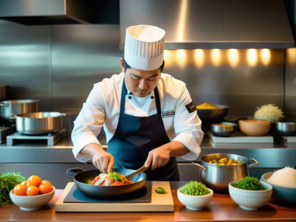 Un cocinero peruano preparando platos fusionados en una cocina bulliciosa