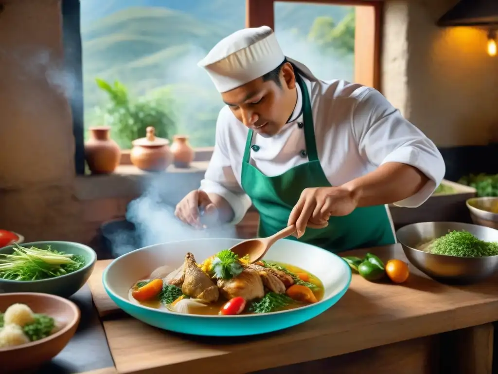 Cocinero peruano preparando receta auténtica aguadito de pollo en cocina rústica