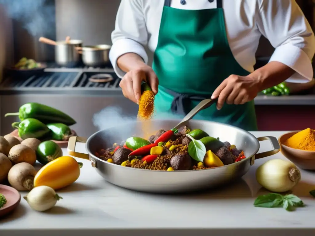 Un cocinero peruano preparando con maestría una receta auténtica de chanfainita peruana en una cocina tradicional