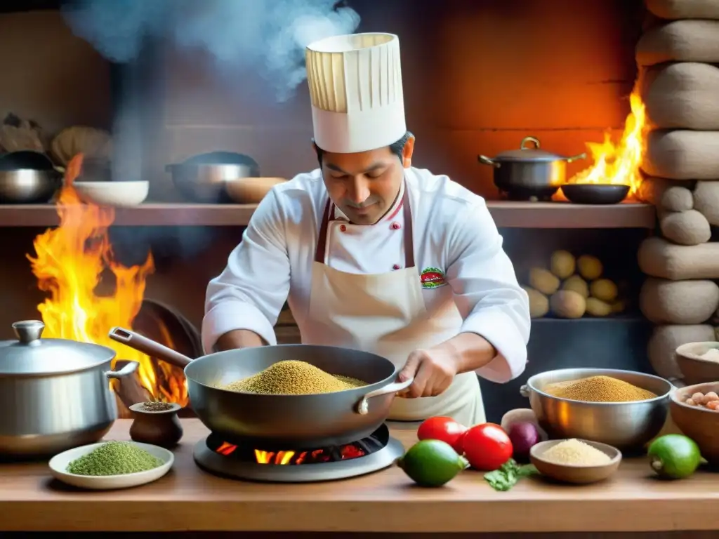 Un cocinero peruano preparando la receta frejoles con seco peruano en una cocina tradicional llena de color y aroma