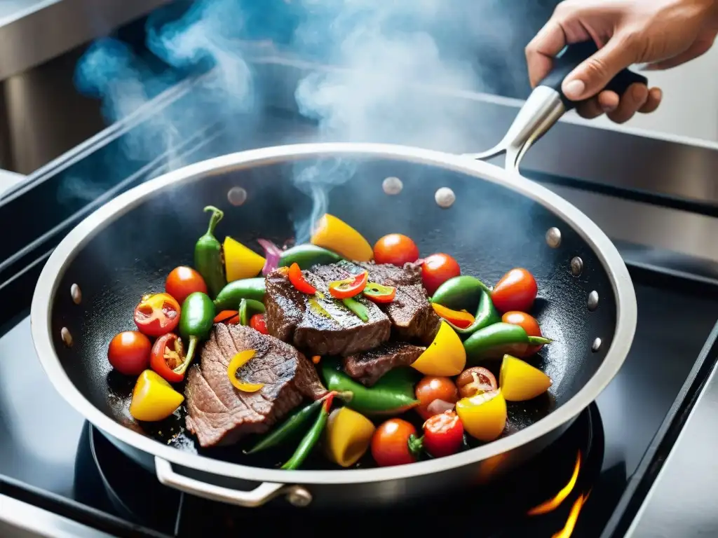 Cocinero peruano preparando Lomo Saltado con fusión gastronómica Chino-Peruana auténtica