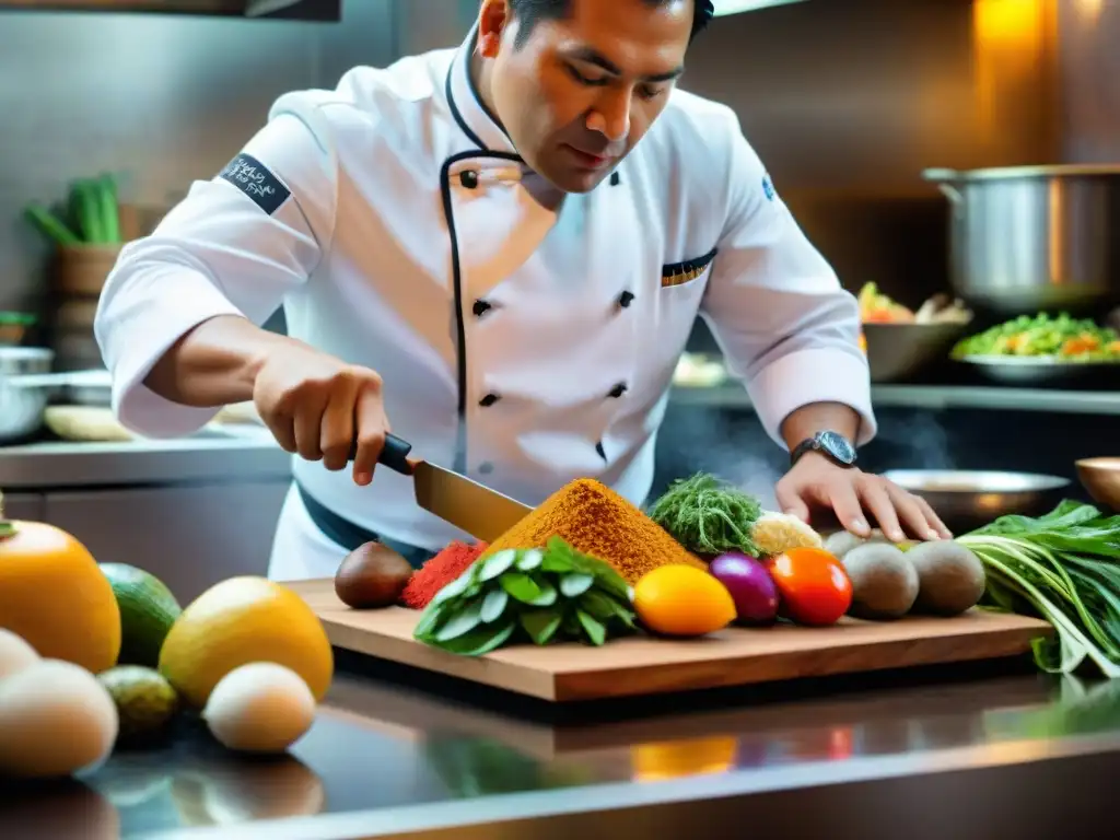 Cocinero peruano fusionando técnicas ancestrales y tendencias modernas en una cocina vibrante