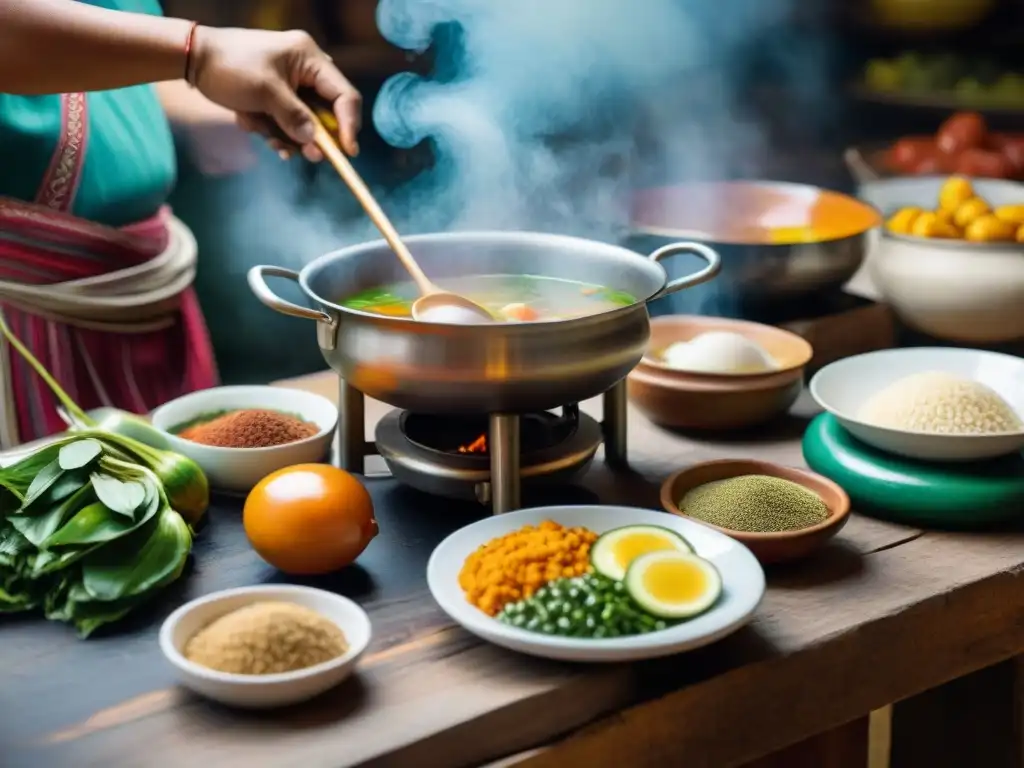 Un cocinero peruano preparando un tradicional caldo de cabeza con maestría, evocando tradición culinaria