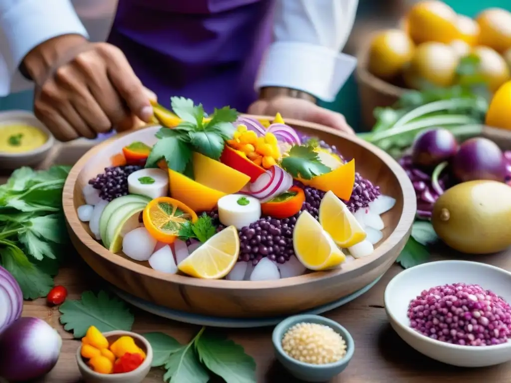 Un cocinero peruano tradicional preparando ceviche con ingredientes autóctonos en un mercado de Lima