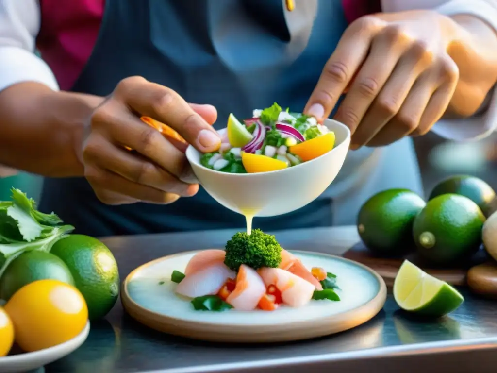 Un cocinero peruano tradicional prepara ceviche con ingredientes autóctonos en un mercado de Lima