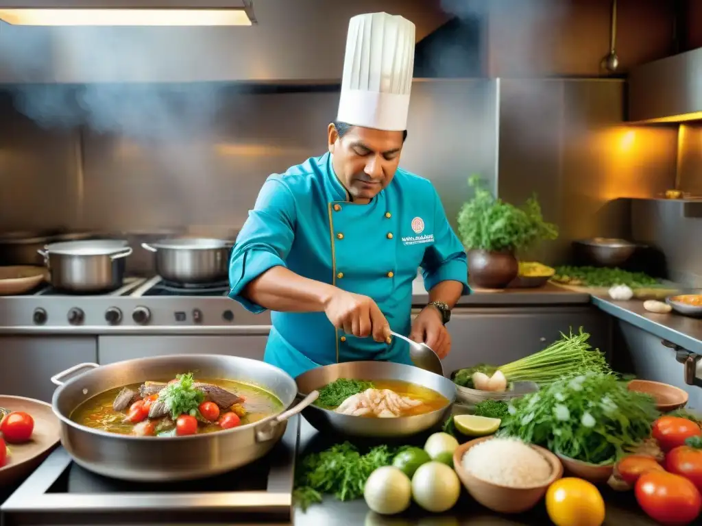 Chef peruano preparando Sudado de Pescado en cocina tradicional Un cocinero peruano preparando un tradicional Sudado de Pescado en una cocina llena de ingredientes frescos y coloridos
