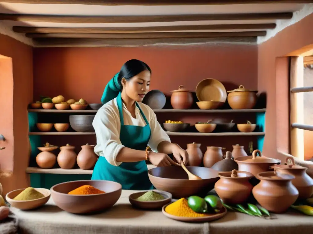 Un cocinero prepara plato peruano en cocina del siglo XIX con utensilios tradicionales, adobe y textiles coloridos