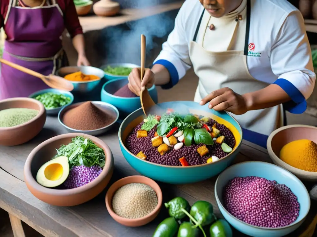 Un cocinero preparando plato peruano con ingredientes autóctonos en cocina tradicional