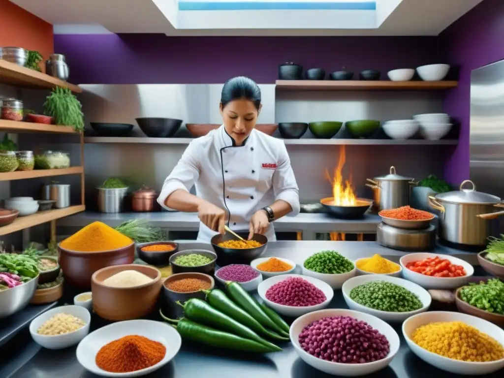 Un cocinero preparando platos peruanos en una cocina tradicional, con libros de gastronomía peruana recomendados