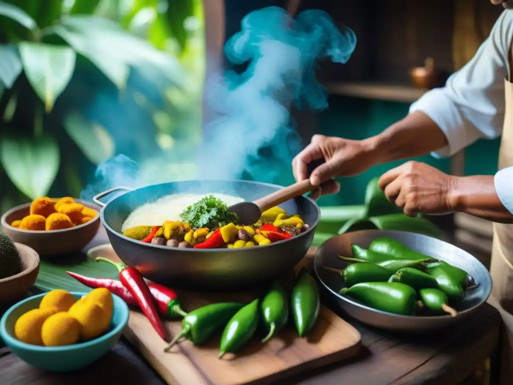 Preparación ancestral de plato amazónico en la selva peruana Un cocinero prepara platos tradicionales de la gastronomía peruana en la Amazonía, destacando la riqueza culinaria de la región