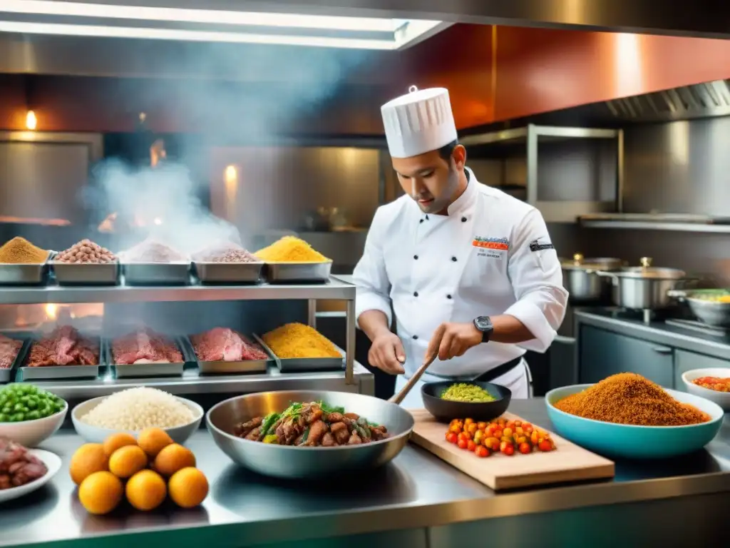 Un cocinero profesional prepara un plato peruano en una cocina bulliciosa con una Caja China en primer plano