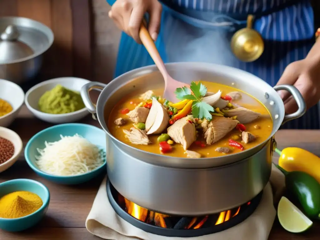 Un cocinero preparando la receta tradicional aji de gallina en una cocina peruana tradicional, con ingredientes vibrantes y ambiente acogedor