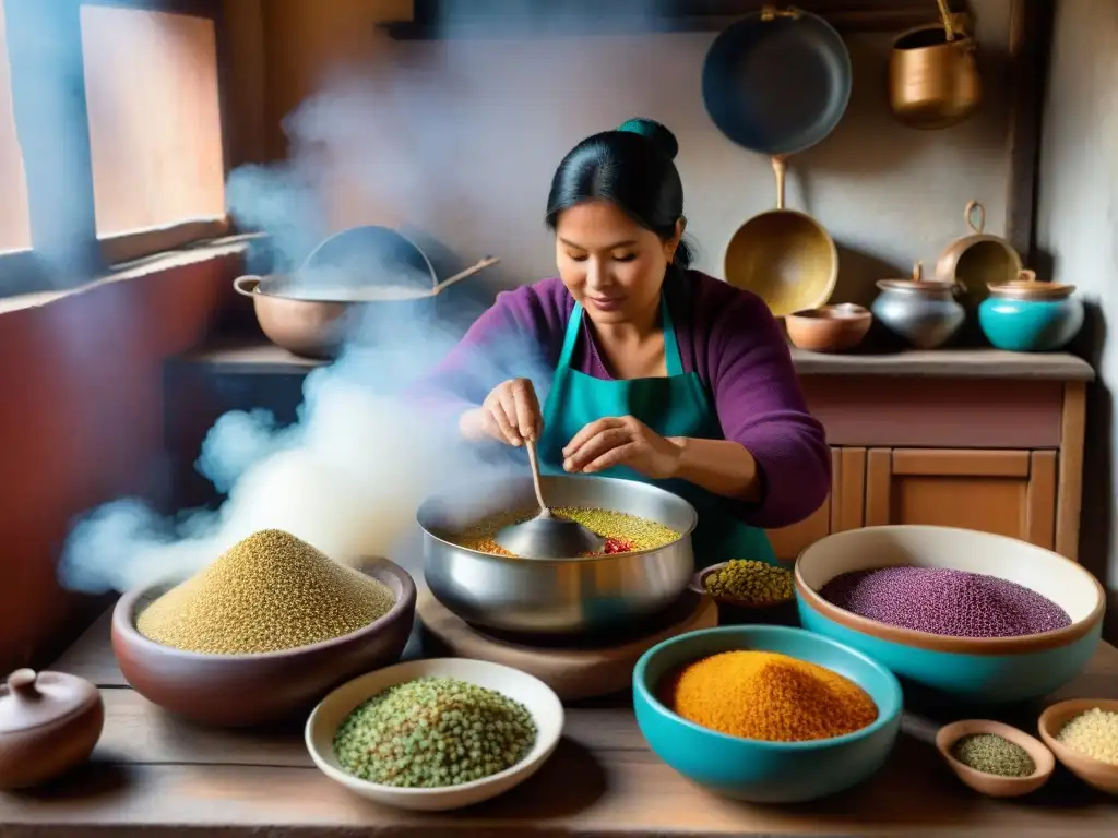 Un cocinero preparando sopa de quinoa en una cocina peruana tradicional con ingredientes autóctonos