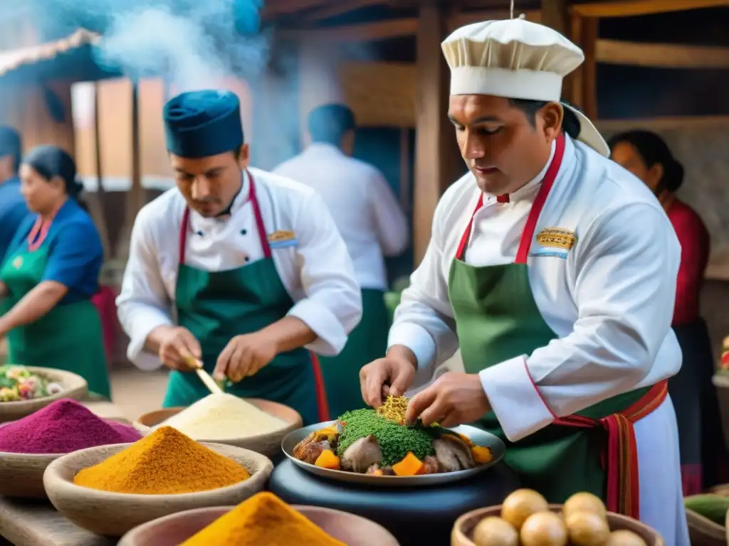 Cocineros en el Festival del Cuy en Huancavelica preparando platos gourmet con habilidad y tradición culinaria