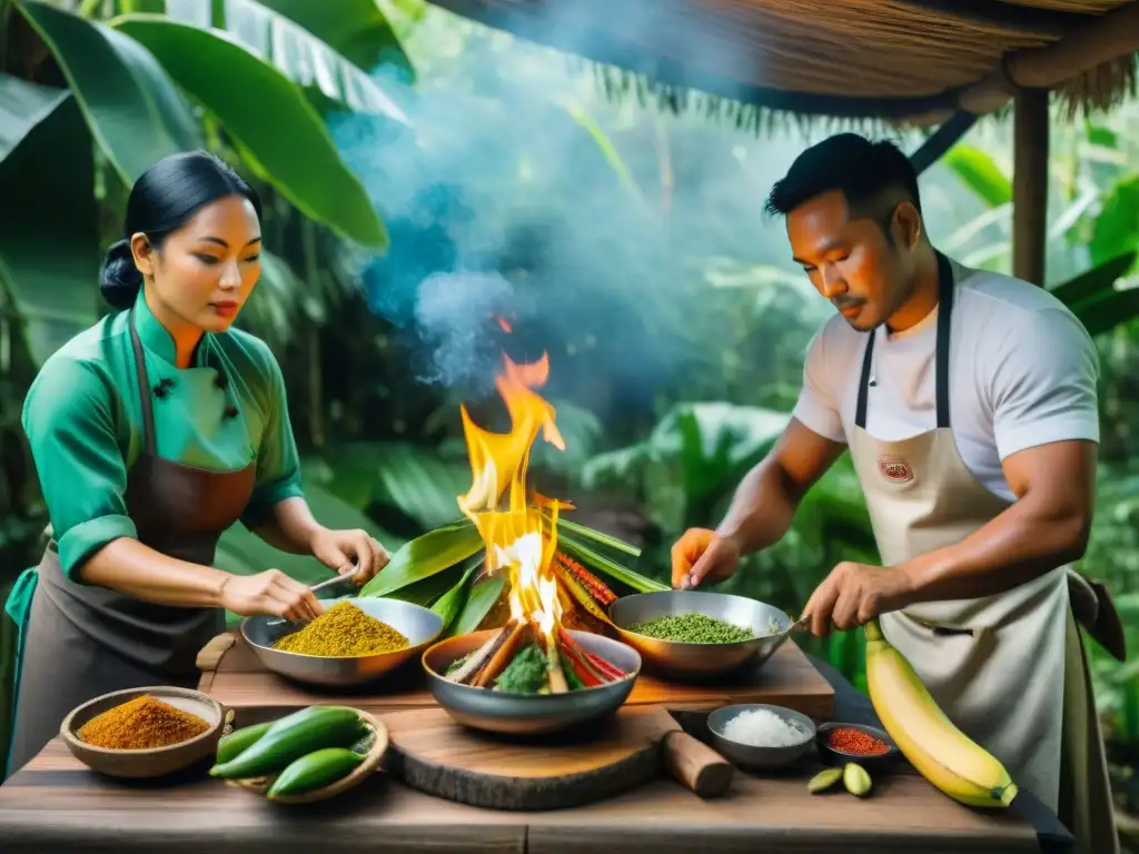 Cocineros indígenas preparando maito en la selva amazónica, método de cocinar maito indígena