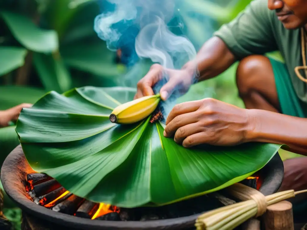 Cocineros indígenas preparando maito en la selva amazónica, destacando el arte del método de cocinar maito indígena