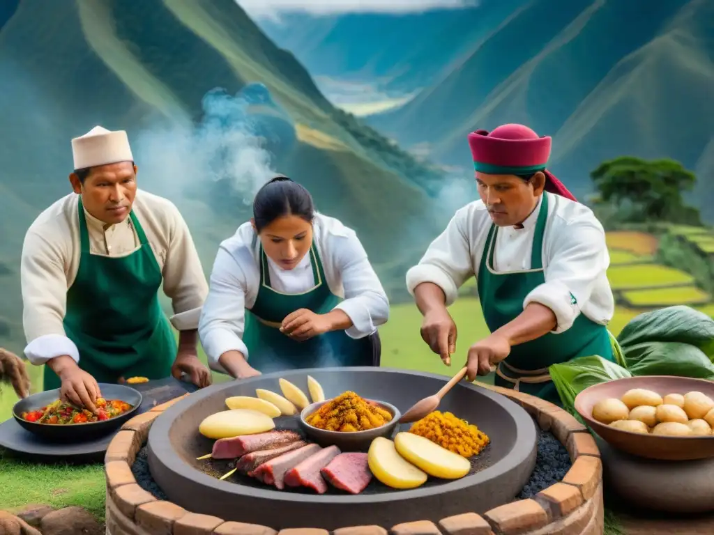 Cocineros peruanos preparando Pachamanca en horno de piedra, rodeados de naturaleza y montañas andinas