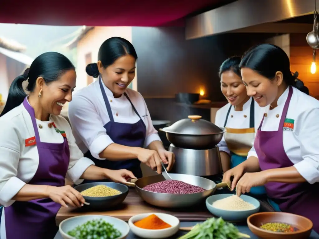 Cocineros peruanos colaborando con ingredientes autóctonos en cocina vibrante