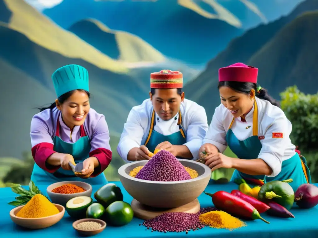 Cocineros peruanos preparando platos tradicionales con ingredientes autóctonos