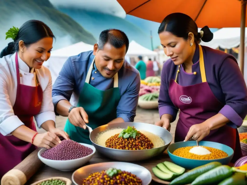 Cocineros peruanos en trajes típicos preparando platos con ingredientes autóctonos en mercado vibrante