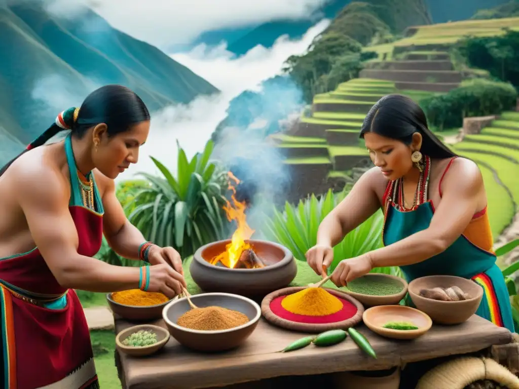 Cocineros preparando platos peruanos en atuendos incas en cocina rústica al aire libre