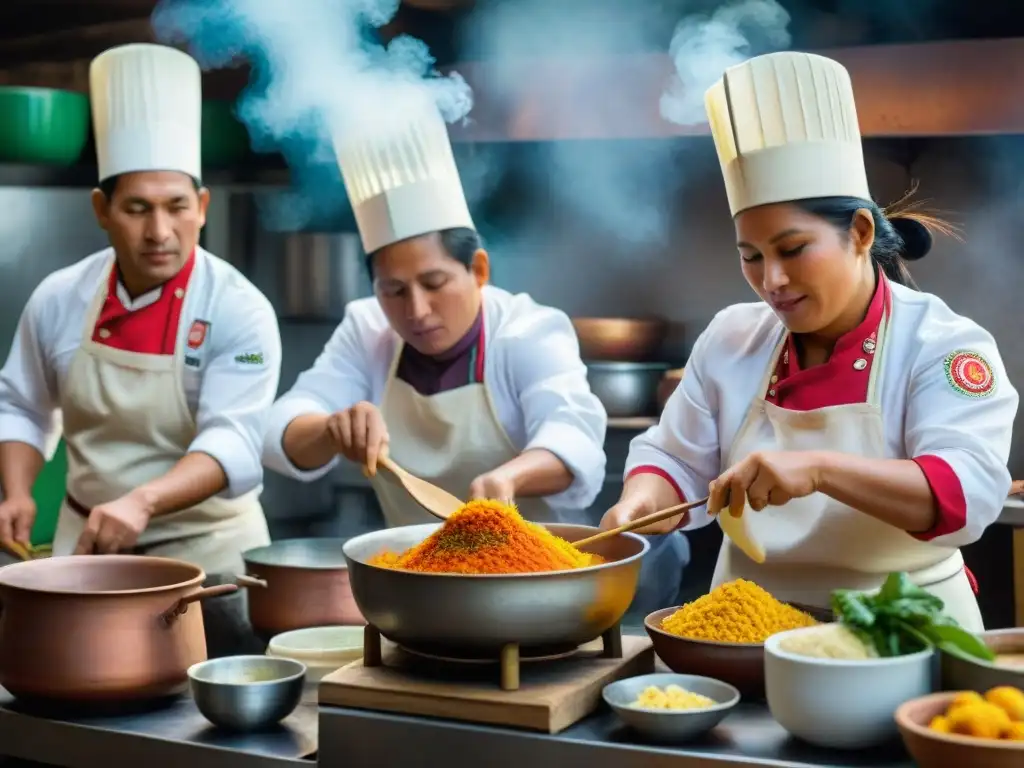 Cocineros preparando con maestría la receta tradicional Ají de Gallina en una cocina peruana