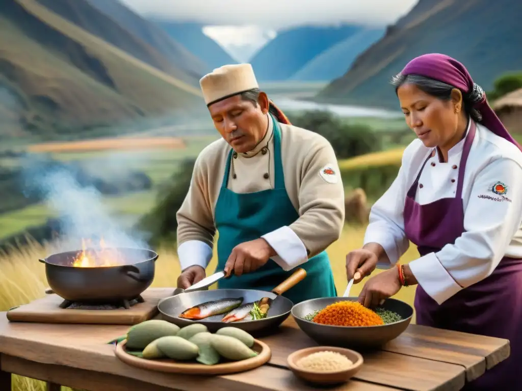 Cocineros en trajes andinos preparan trucha Andina sobre fuego en Festival Gastronómico