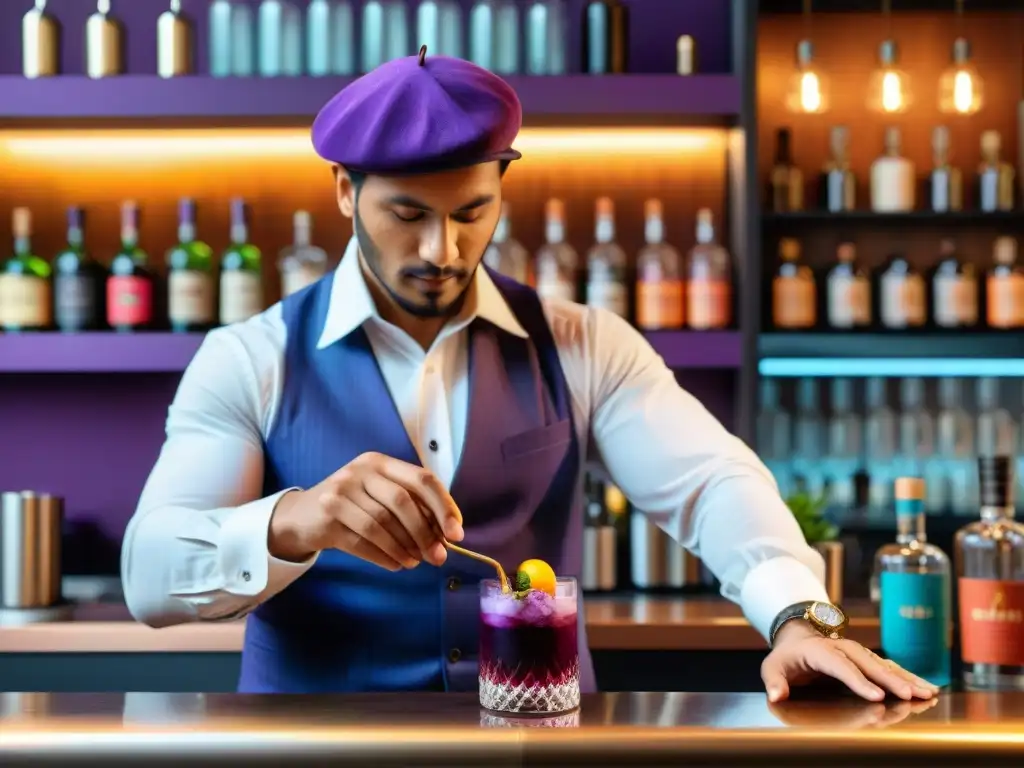 Un coctelero peruano experto sirviendo un vibrante cóctel morado en un bar moderno