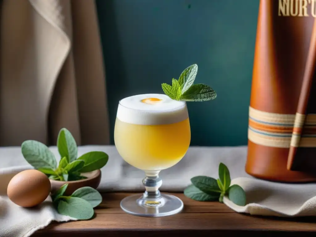 Fotografía de cocteles peruanos autóctonos: Detalle de un Pisco Sour con espuma de clara de huevo, bíter y decoración tradicional peruana