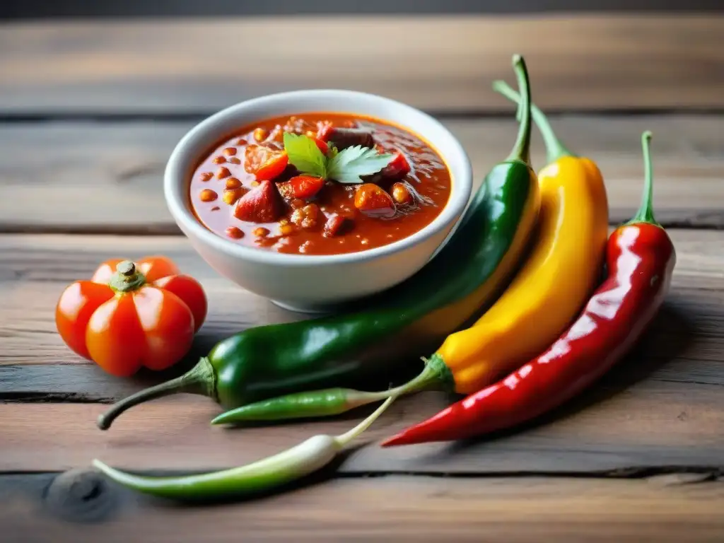 Una colección vibrante de ingredientes para salsas peruanas auténticas en una mesa rústica