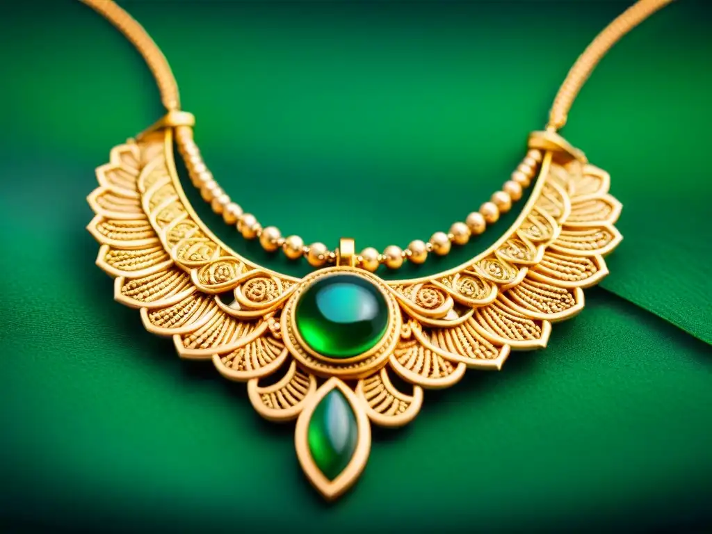 Un collar dorado brillante con gemas verdes, inspirado en la quinua peruana, sobre terciopelo