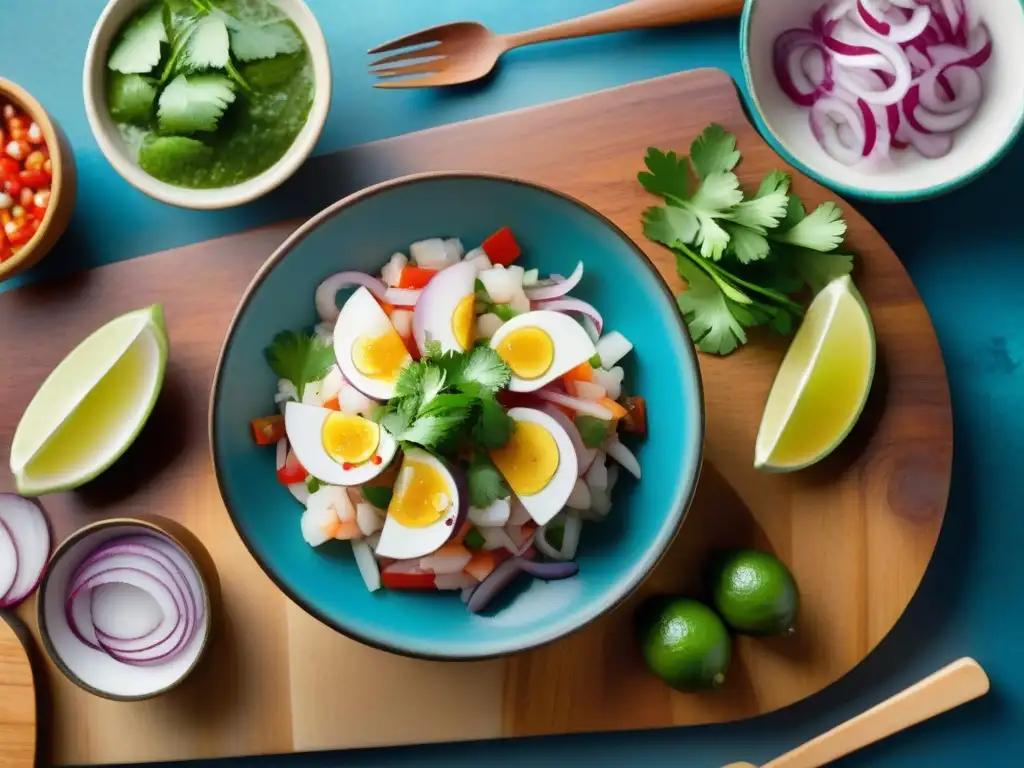 Una colorida estación de preparación de ceviche peruano, con ingredientes frescos en un mercado local vibrante