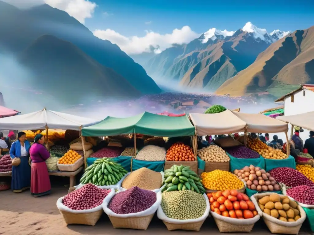 Colorida cocina regional peruana tradicional en mercado bullicioso con Andes de fondo