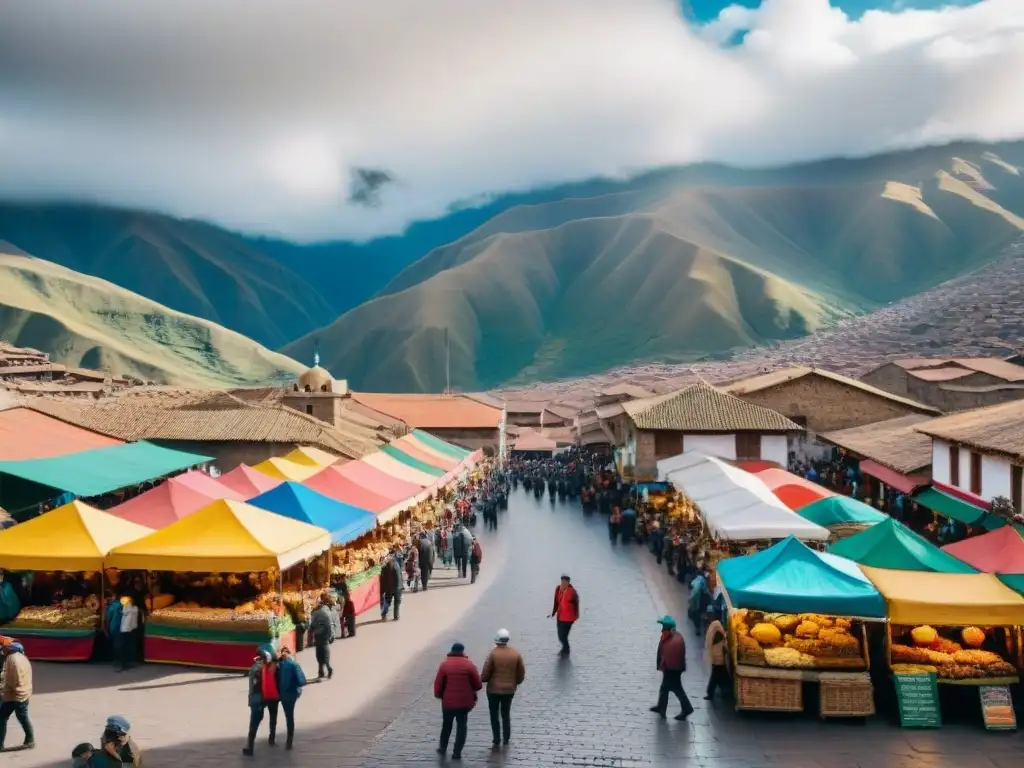 Colorida comida callejera en Perú autóctona en bulliciosa calle de Cusco