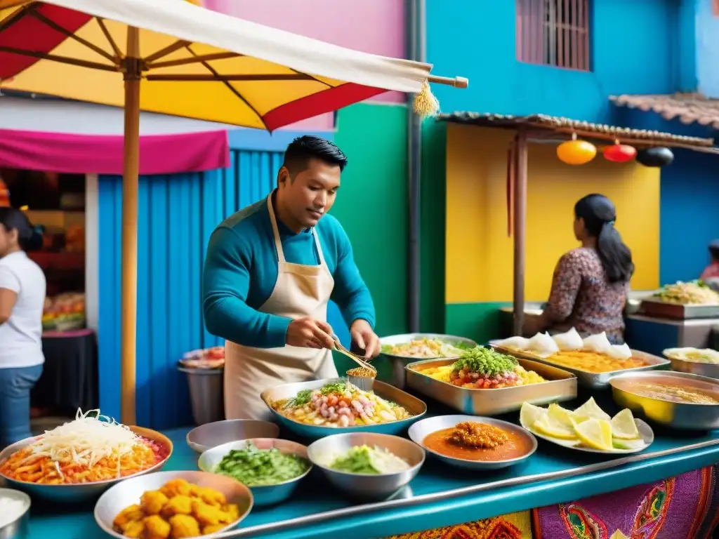 Colorida presentación comida callejera peruana en un puesto de Lima, destacando ceviche, anticuchos y causa