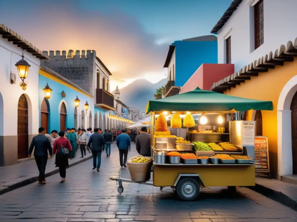 Colorida comida callejera en Perú autóctona: vibrantes puestos ambulantes con anticuchos, ceviche y picarones, en las bulliciosas calles de Arequipa