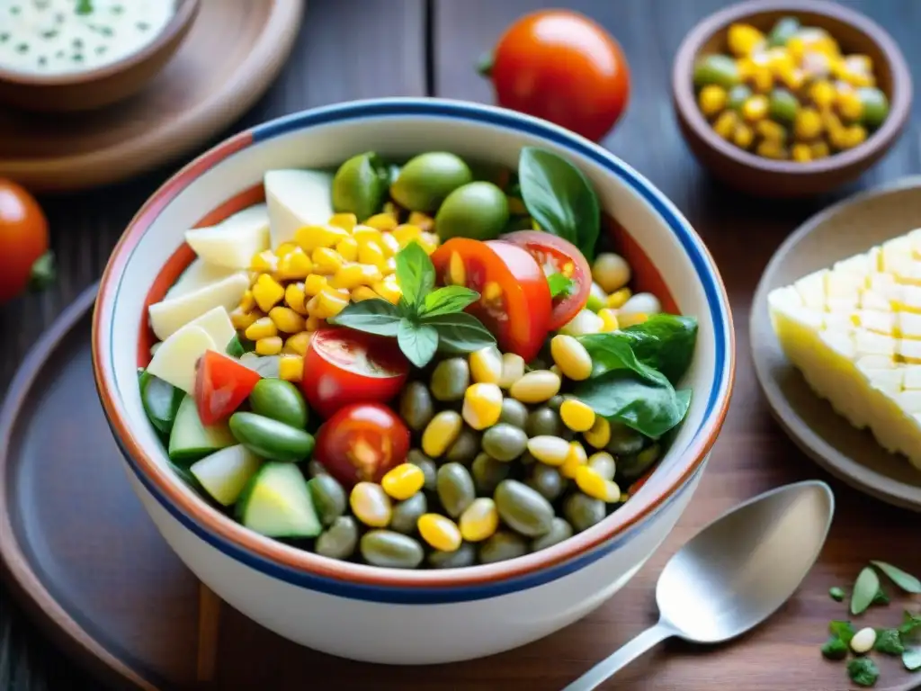 Fotografía de alta resolución de una colorida ensalada Solterito Arequipeño, resaltando la frescura de sus ingredientes