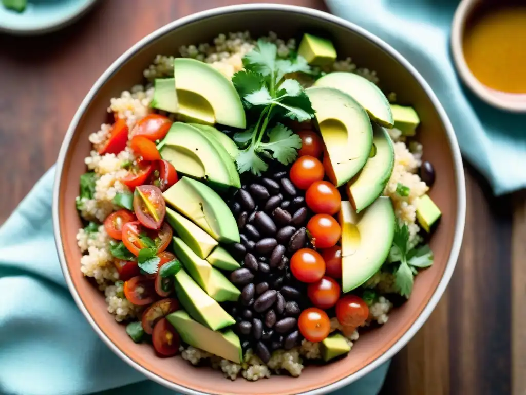 Una colorida ensalada peruana de quinua, tomate, aguacate, frijoles, cilantro y aderezo de limón en plato terracota