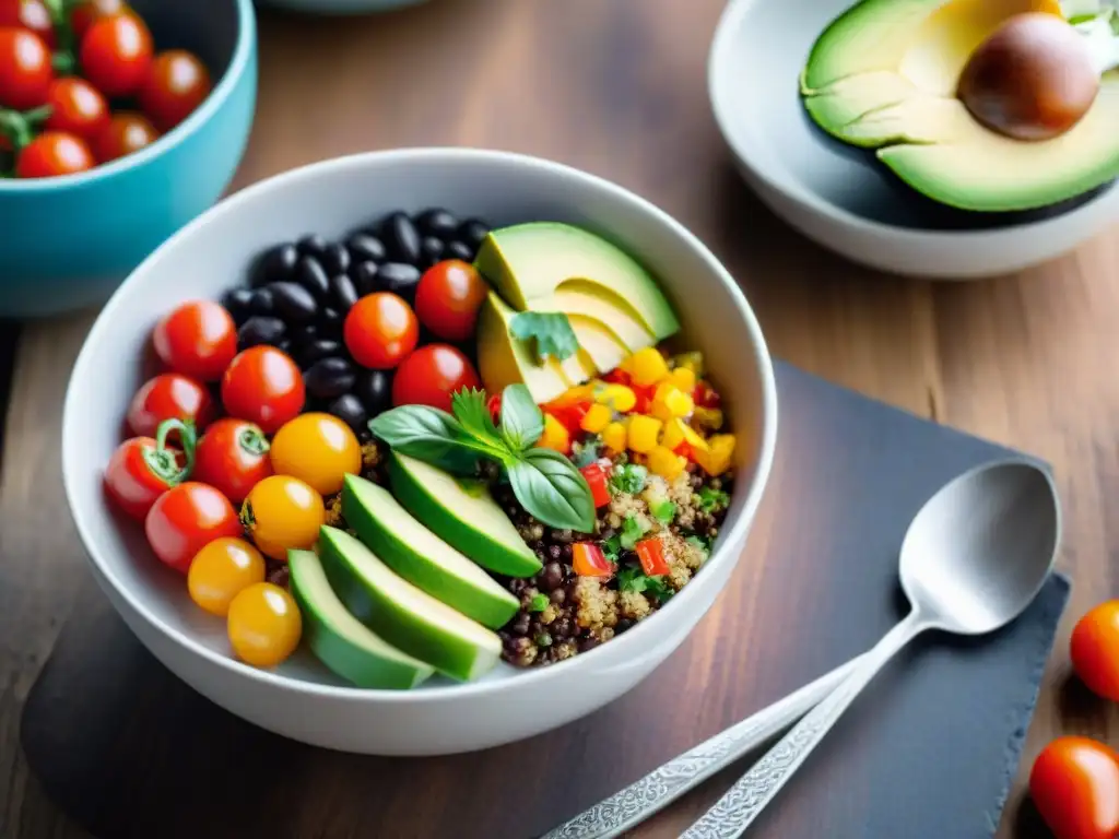 Una colorida ensalada de quinua con ingredientes frescos sobre mesa de madera rústica