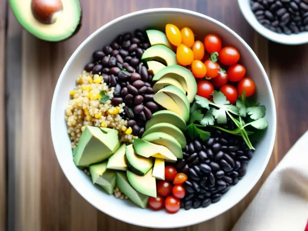 Una colorida ensalada de quinua peruana rodeada de superalimentos andinos en una mesa de madera rústica