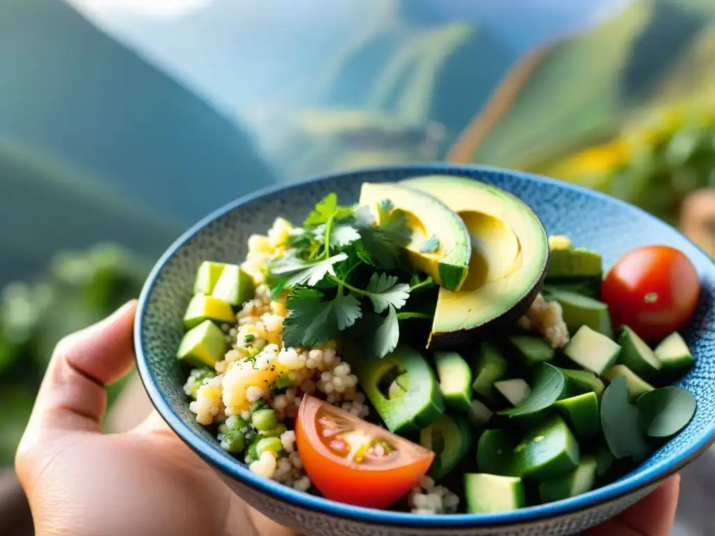 Una colorida ensalada de quinua peruana con ingredientes frescos y un aderezo de lima, en un tazón de cerámica, en un paisaje andino al atardecer