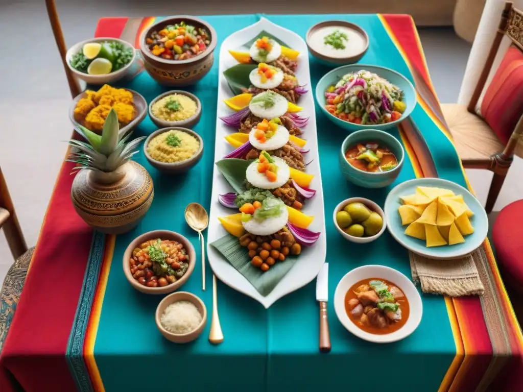 Una colorida escena de un banquete peruano: ceviche, lomo saltado y causa en elegante mesa con textiles y cerámica tradicional