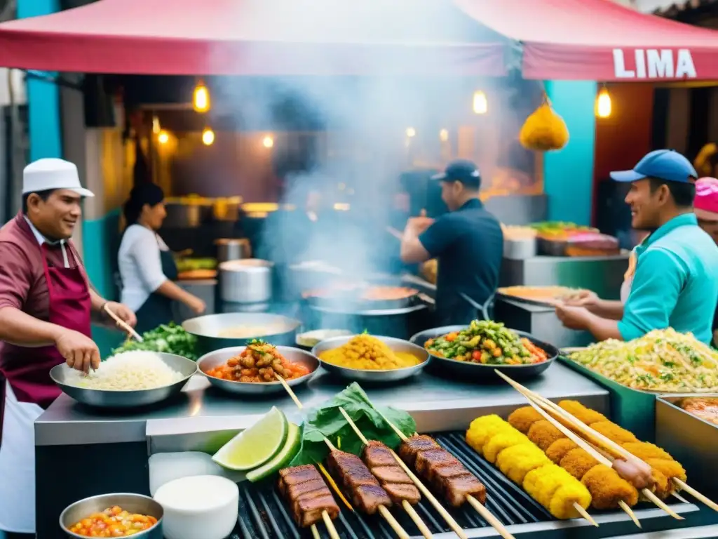 Una colorida escena callejera en Lima, Perú, con puestos de comida y chefs preparando platos