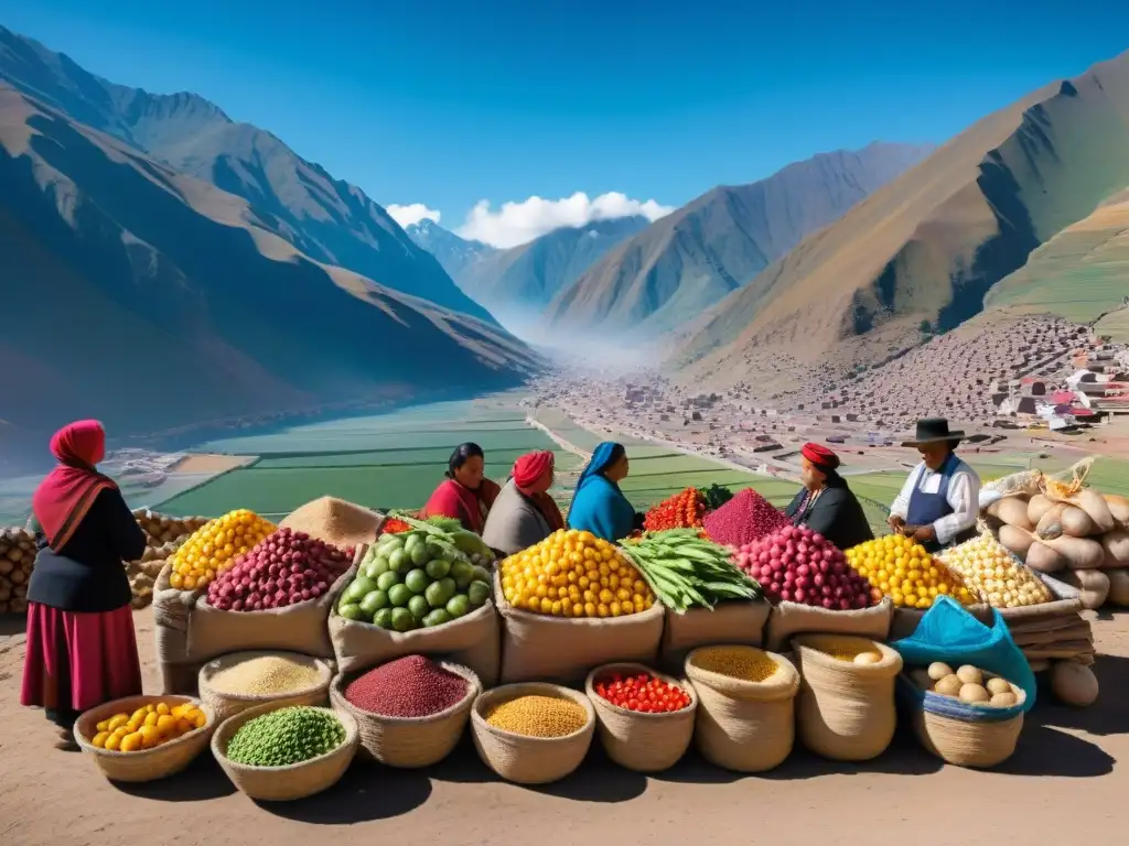 Colorida escena de un mercado andino en Huancavelica, Perú, con ingredientes autóctonos