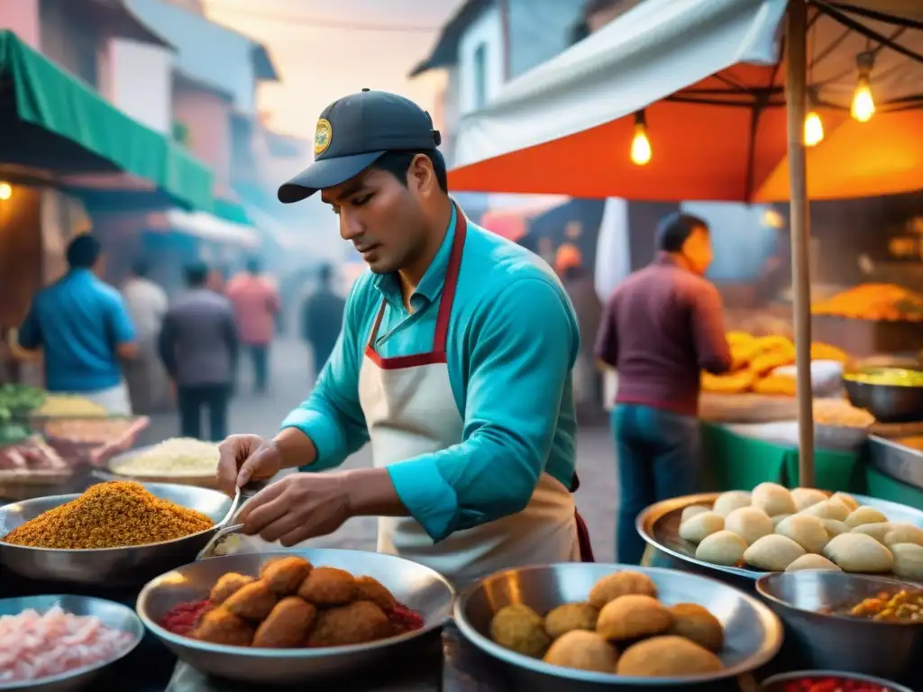 'Colorida escena de mercado de cocina callejera en Perú identidad durante la hora dorada